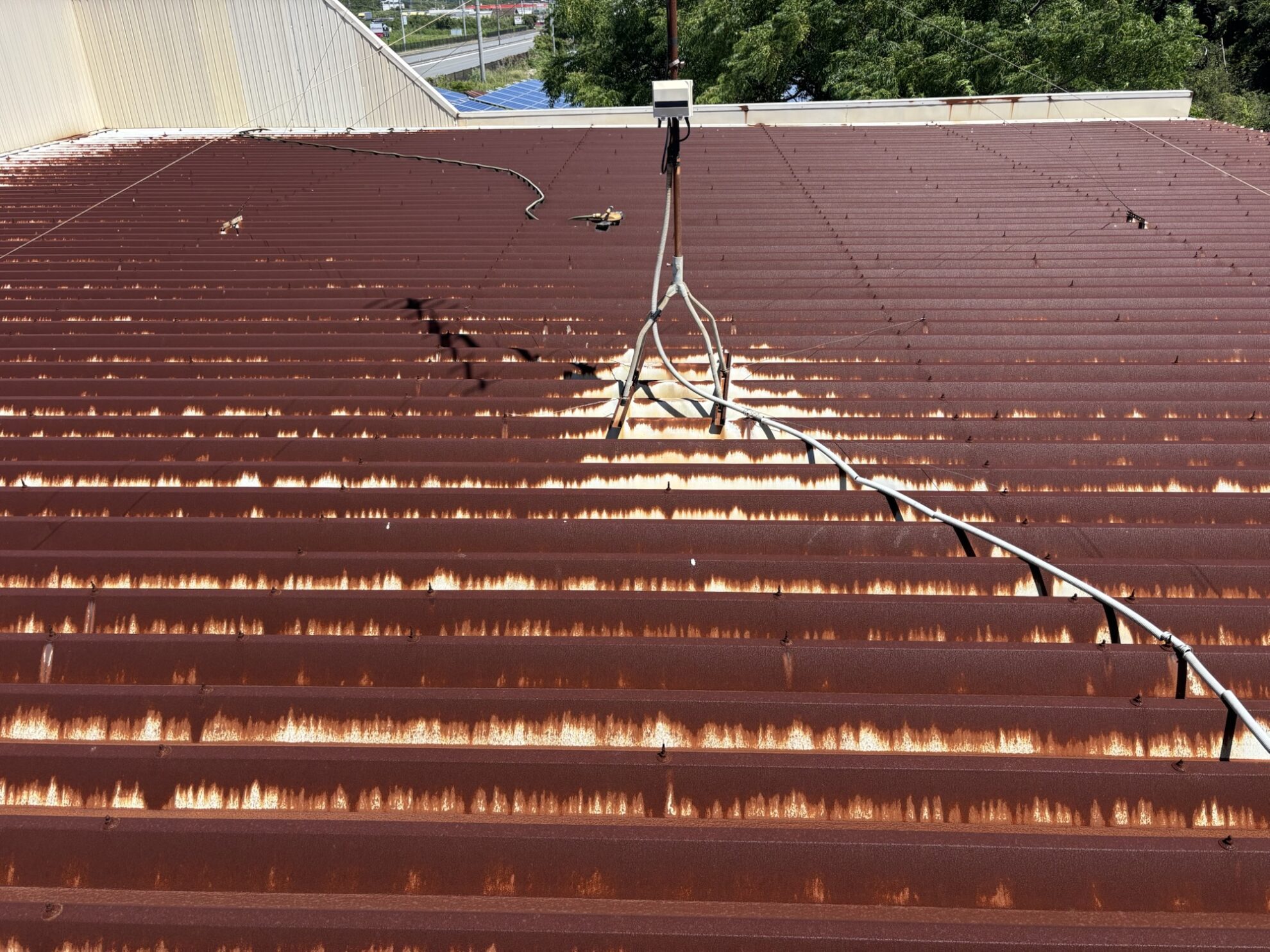 掛川市の店舗折半屋根。経年劣化によりサビや退色が進行した塗装前の様子